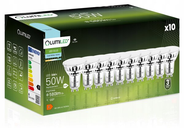 10x LED Žárovka GU10 Reflektor 6W = 50W 580lm 6500K Studená bílá 120° LUMILED