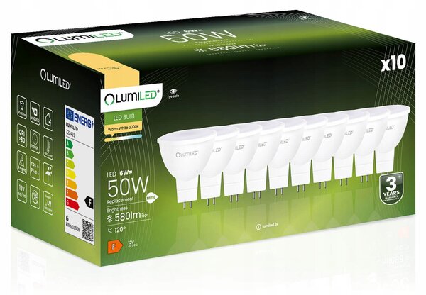 10x LED žárovka GU5.3 reflektor MR16 6W 580lm 3000K teplá 120° 12V Lumiled