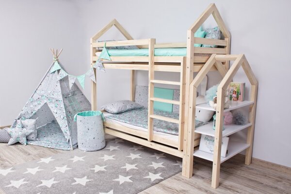 Poschoďová postel domeček Joki pro dvě děti (Patrová dřevěná postel pro dvě děti. Vysoká nosnost až 100kg.)