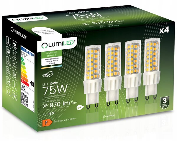 4x LED žárovka G9 kapsle 10W = 75W 970lm 4000K neutrální bílá 360° LUMILED