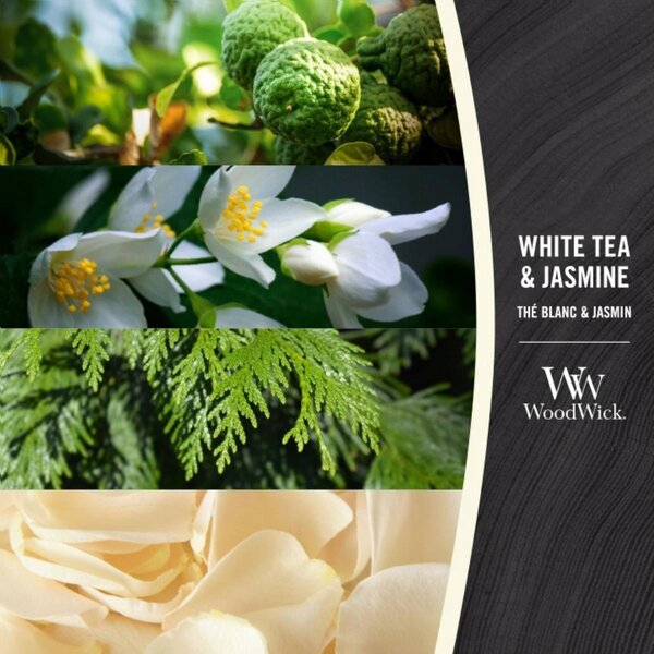 WoodWick vonná svíčka s dřevěným knotem velká White Tea & Jasmine 609g