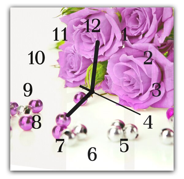 Nástěnné hodiny 30x30cm květ fialové růže a perly - plexi