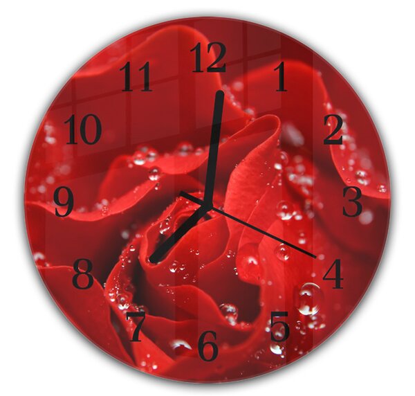 Nástěnné hodiny kulaté pr.30cm detail květu červené růže s rosou - plexi
