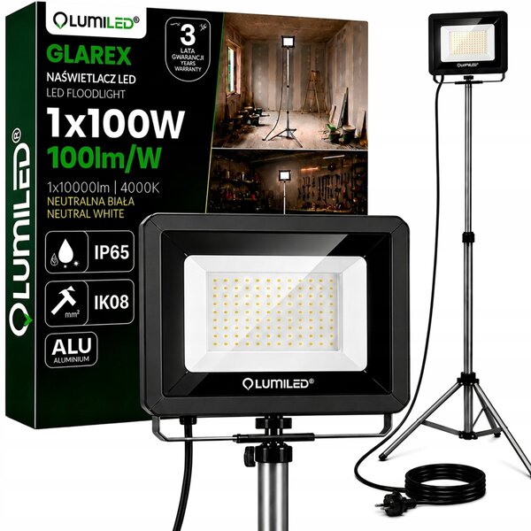 LED reflektor Lumiled 100W 10000 lm s teleskopickým stojanem IP65