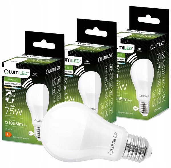 3 ks LED žárovka E27 10W 1055 lm 4000 K s pohybovým senzorem Lumiled