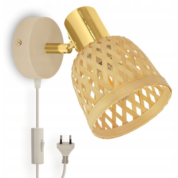 Nástěnná lampa s vypínačem, zástrčkou a pohyblivým ramenem béžová zlatá E27 BOHO