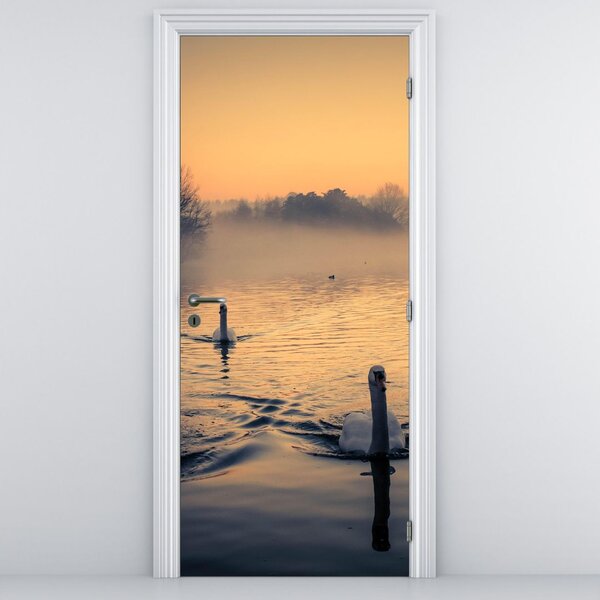 Fototapeta na dveře - Labutě na vodě v mlze (95x205cm)