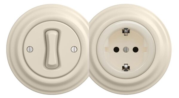 Kliklap - Retro jednopólový vypínač č. 1 a zásuvka SCHUKO 230V s rámečkem béžová