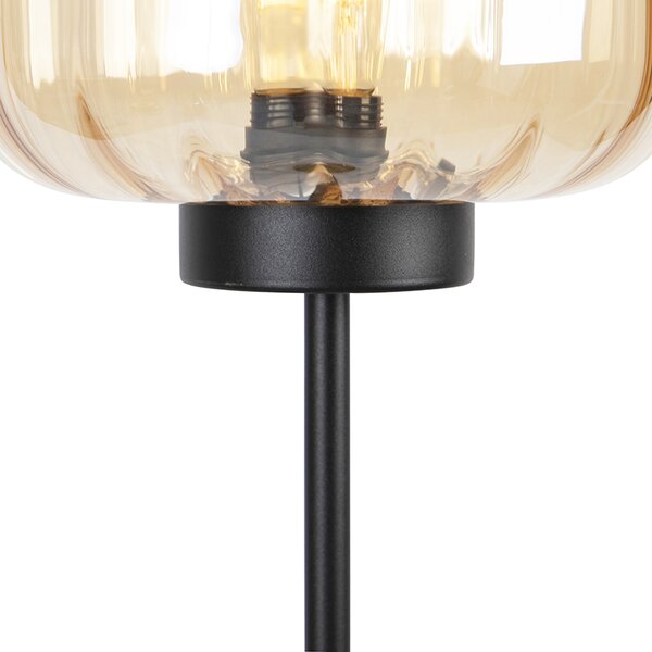 Designová stojací lampa černá s jantarovým sklem - Qara