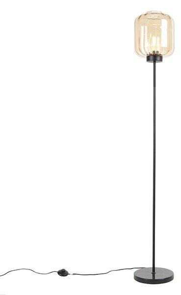 Designová stojací lampa černá s jantarovým sklem - Qara