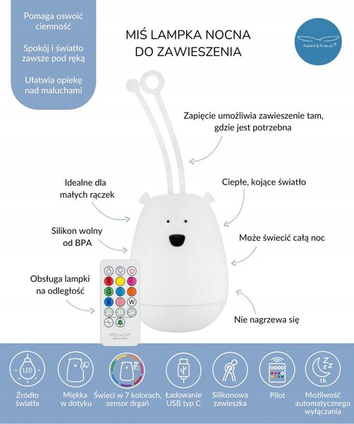 Silikonová noční lampa na zavěšení Rabbit & Friends - Medvídek na USB