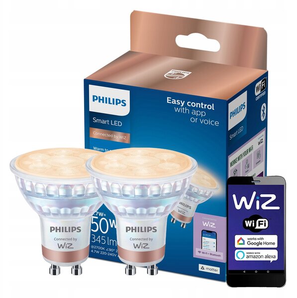 2x LED žárovka GU10 4,7W = 50W 2700-6500K CCT 36° SMART WiFi Philips WiZ