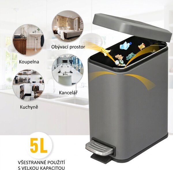Odpadkový koš s nožním pedálem, obdélníkový, šedý, 5 l 851-023GY