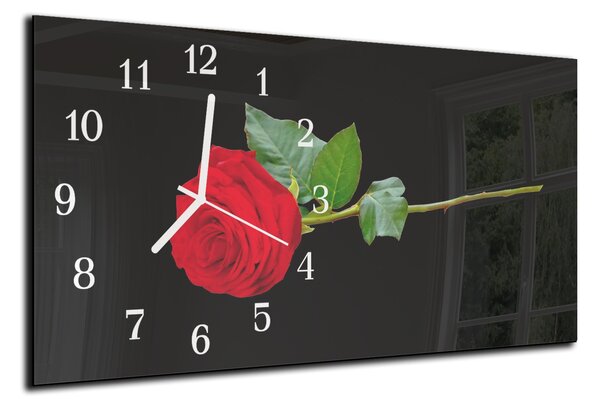 Nástěnné hodiny rudá růže černý podklad 30x60cm - plexi