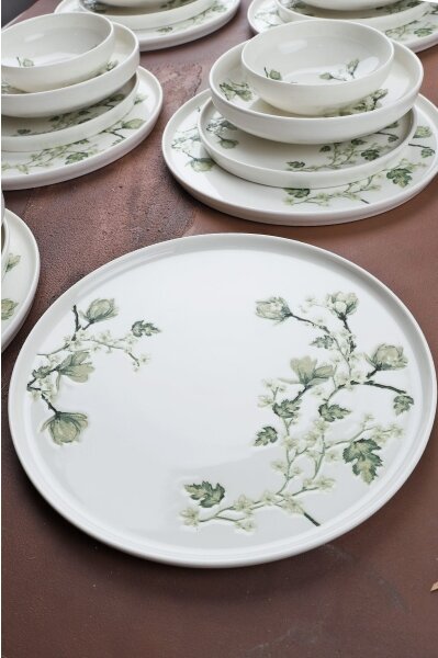 Jídelní sada 24 ks bílá/zelená/porcelán