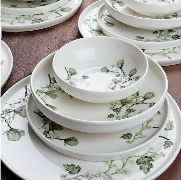 Jídelní sada 24 ks bílá/zelená/porcelán