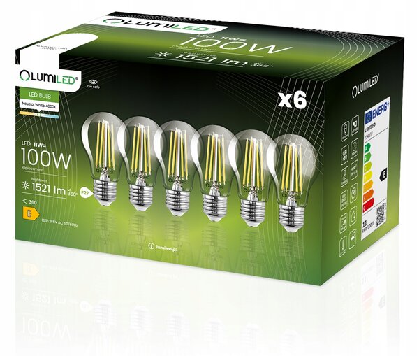 6x LED žárovka E27 A60 11W = 100W 1521lm 4000K 360° FILAMENT LUMILED