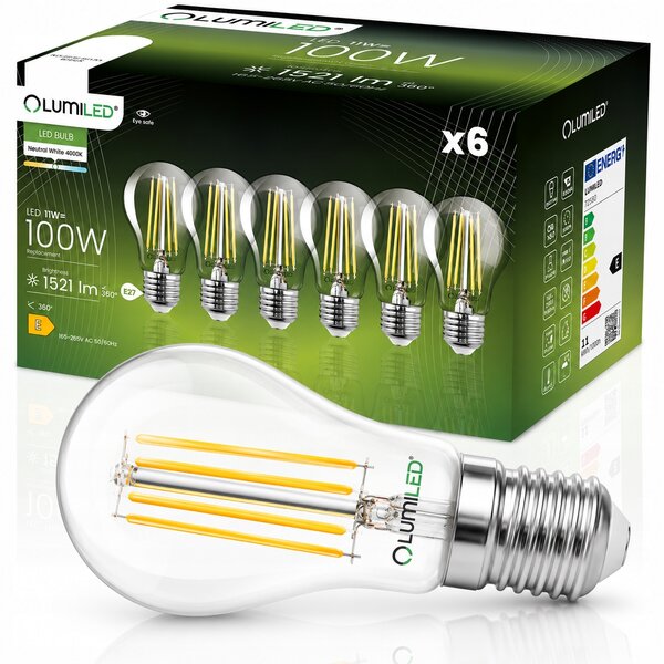6x LED žárovka E27 A60 11W = 100W 1521lm 4000K 360° FILAMENT LUMILED