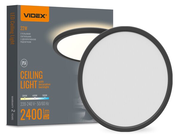 LED svítidlo s podsvícením stropní svítidlo VIDEX DL5R 22W 3000K–4000K–5000K Černé