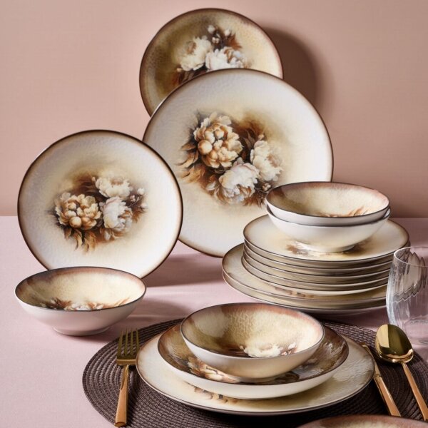 Jídelní sada 26 ks béžová/hnědá/bílá/porcelán
