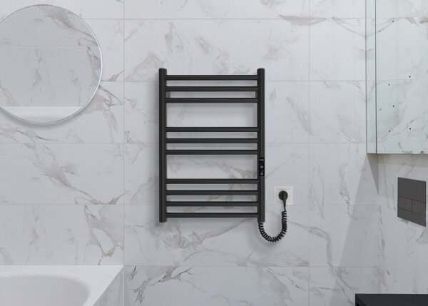 Koupelnový žebříkový radiátor HF GREENWICH 100W/230V 57x43 cm černá pravá kulatý