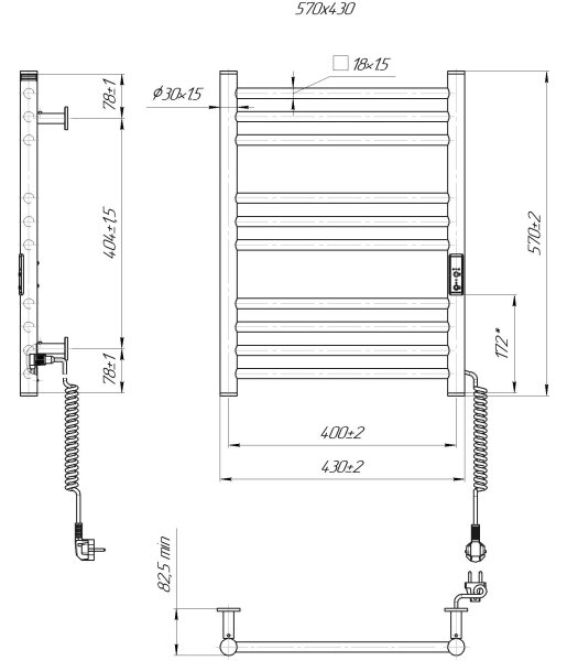 Koupelnový žebříkový radiátor HF GREENWICH 100W/230V 57x43 cm černá pravá kulatý
