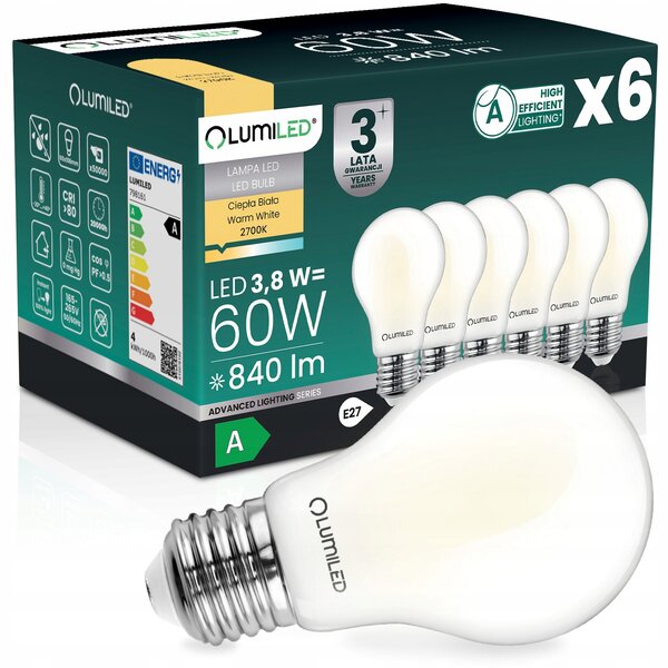 6x LED žárovka E27 filament, třída A, 3,8W 840LM (ekvivalent 60W), 2700K, 360° Lumiled