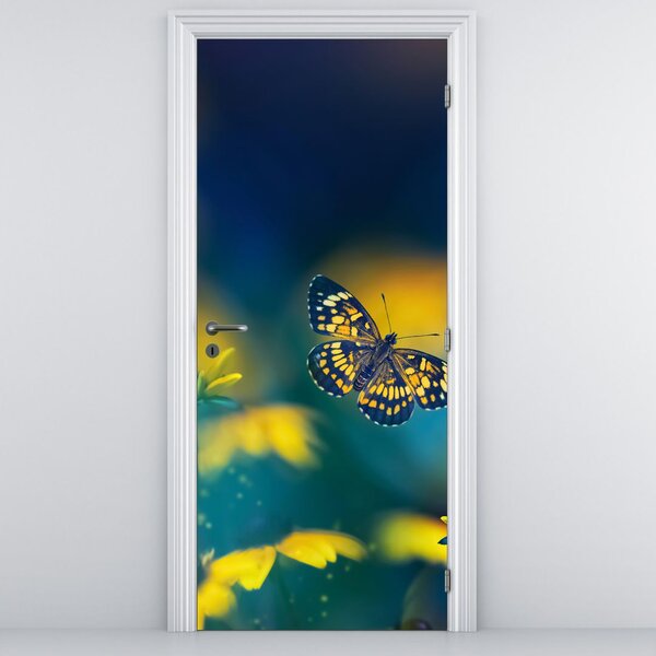 Fototapeta na dveře - Žlutý motýl s květy (95x205cm)