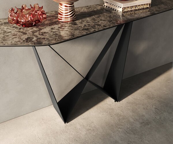 DELIFE Konzolový stůl Edge polygonální 180×50 cm keramika Emperador Extra Lucidato tmavě hnědá Spios kov černá