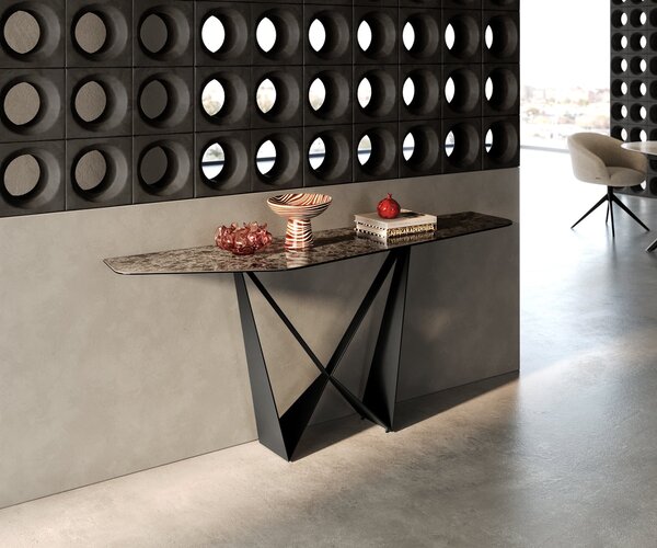 DELIFE Konzolový stůl Edge polygonální 180×50 cm keramika Emperador Extra Lucidato tmavě hnědá Spios kov černá
