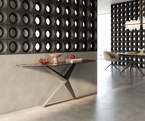 DELIFE Konzolový stůl Edge polygonální 180×50 cm keramika Emperador Extra Lucidato tmavě hnědá Zentharo kov titanová barva