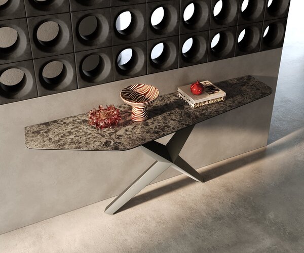 DELIFE Konzolový stůl Edge polygonální 180×50 cm keramika Emperador Extra Lucidato tmavě hnědá Zentharo kov titanová barva