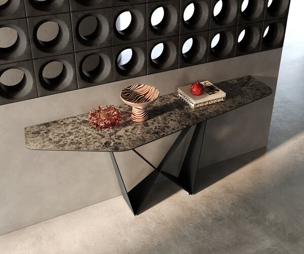 DELIFE Konzolový stůl Edge polygonální 180×50 cm keramika Emperador Extra Lucidato tmavě hnědá Spios kov černá