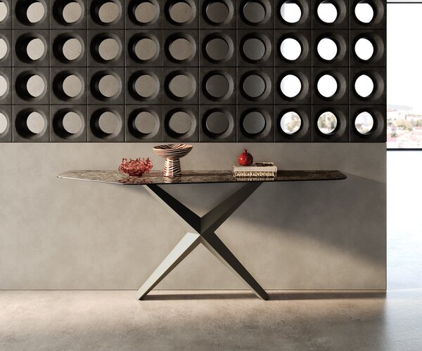 DELIFE Konzolový stůl Edge polygonální 180×50 cm keramika Emperador Extra Lucidato tmavě hnědá Zentharo kov titanová barva