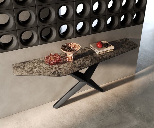 DELIFE Konzolový stůl Edge polygonální 180×50 cm keramika Emperador extra leštěná tmavě hnědá Zentharo kov černý