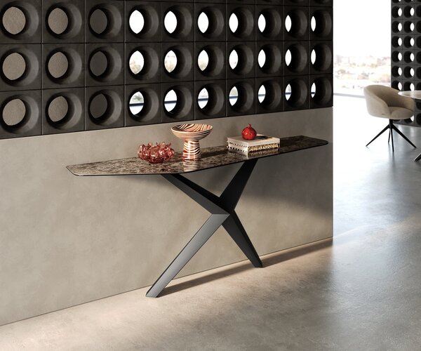 DELIFE Konzolový stůl Edge polygonální 180×50 cm keramika Emperador extra leštěná tmavě hnědá Zentharo kov černý