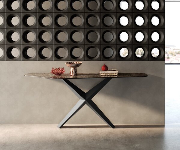 DELIFE Konzolový stůl Edge polygonální 180×50 cm keramika Emperador extra leštěná tmavě hnědá Zentharo kov černý