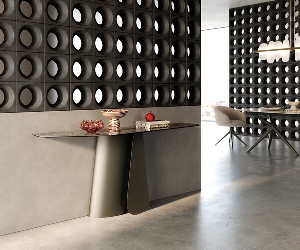 DELIFE Konzolový stůl Edge polygonální 180×50 cm keramika Emperador extra leštěná tmavě hnědá Livos kov titanová barva