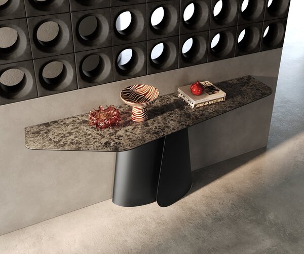 DELIFE Konzolový stůl Edge polygonální 180×50 cm keramika Emperador Extra Lucidato tmavě hnědá Livos kov černá