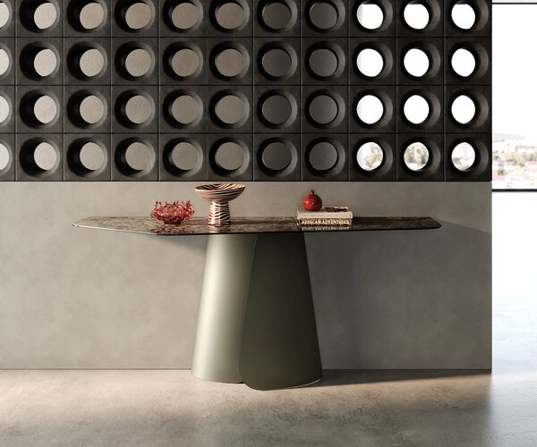 DELIFE Konzolový stůl Edge polygonální 180×50 cm keramika Emperador extra leštěná tmavě hnědá Livos kov titanová barva