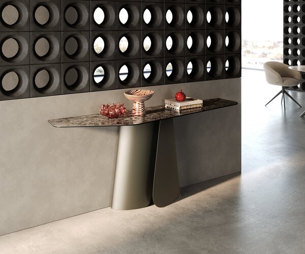 DELIFE Konzolový stůl Edge polygonální 180×50 cm keramika Emperador extra leštěná tmavě hnědá Livos kov titanová barva