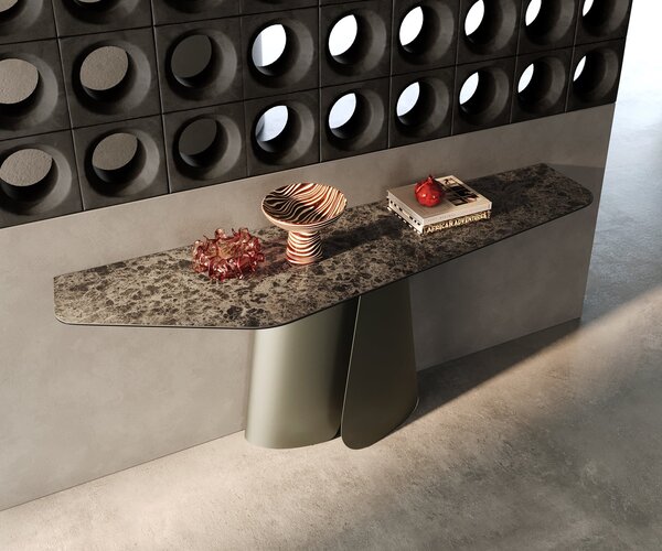 DELIFE Konzolový stůl Edge polygonální 180×50 cm keramika Emperador extra leštěná tmavě hnědá Livos kov titanová barva