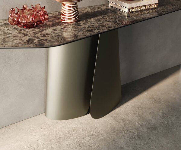 DELIFE Konzolový stůl Edge polygonální 180×50 cm keramika Emperador extra leštěná tmavě hnědá Livos kov titanová barva