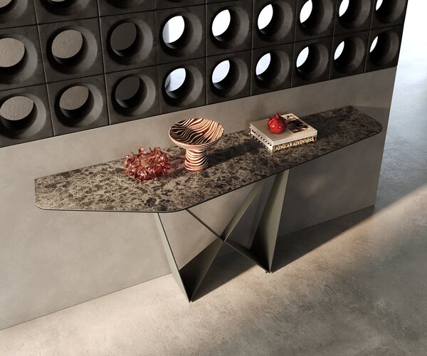 DELIFE Konzolový stůl Edge polygonální 180×50 cm keramika Emperador Extra Lucidato tmavě hnědá Spios kov titanová barva