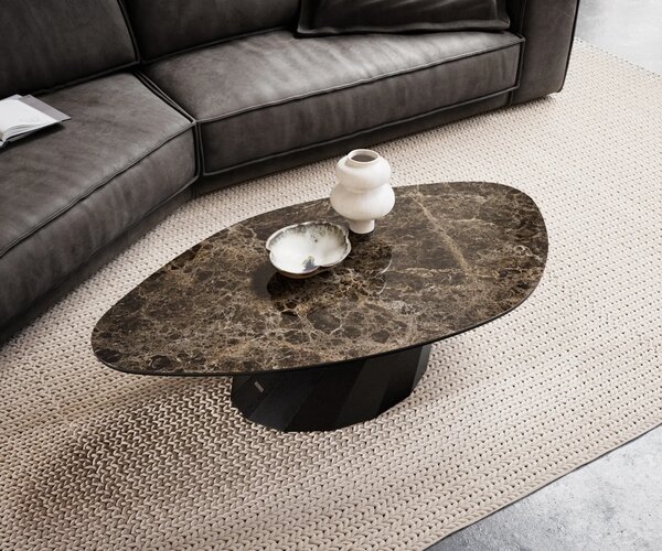 DELIFE Konferenční stolek Edge organický 140x76 cm keramika Laminam® Emperador Extra Lucidato tmavě hnědá Parabi kov černá