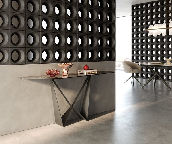 DELIFE Konzolový stůl Edge polygonální 180×50 cm keramika Emperador Extra Lucidato tmavě hnědá Spios kov titanová barva