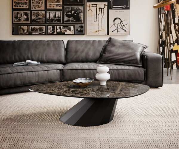DELIFE Konferenční stolek Edge organický 140x76 cm keramika Laminam® Emperador Extra Lucidato tmavě hnědá Parabi kov černá