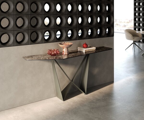 DELIFE Konzolový stůl Edge polygonální 180×50 cm keramika Emperador Extra Lucidato tmavě hnědá Spios kov titanová barva