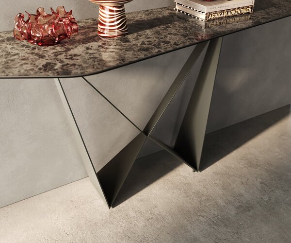 DELIFE Konzolový stůl Edge polygonální 180×50 cm keramika Emperador Extra Lucidato tmavě hnědá Spios kov titanová barva
