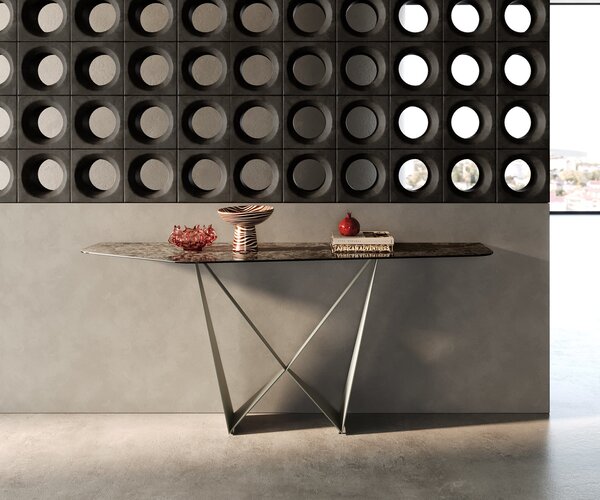 DELIFE Konzolový stůl Edge polygonální 180×50 cm keramika Emperador Extra Lucidato tmavě hnědá Spios kov titanová barva